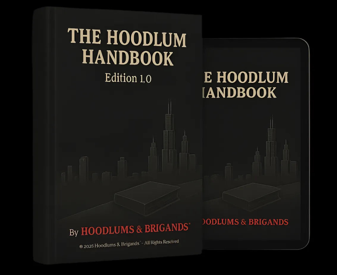 Cover of The Hoodlum Handbook, Edition 1.0, by Hoodlums & Brigands — featuring a black book with a city skyline and matching tablet version.